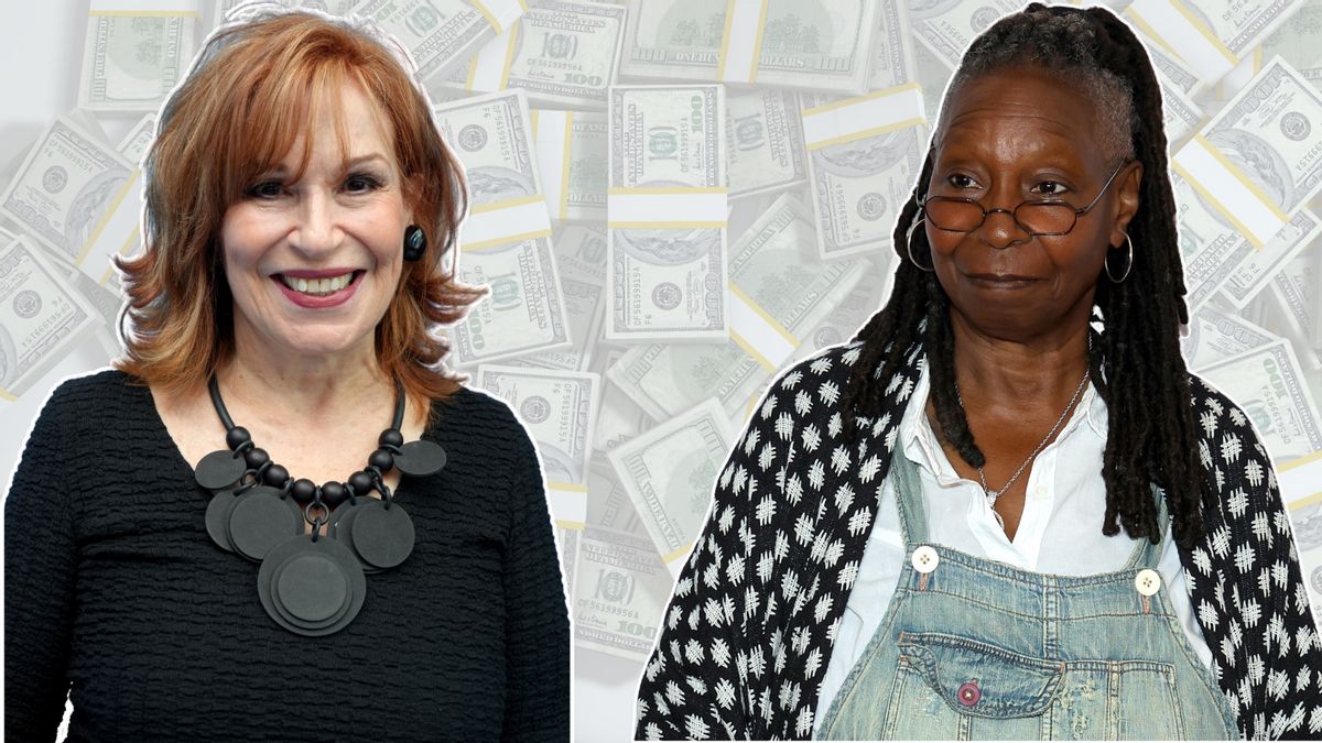 A white woman wearing a large black necklace and top is pictured next to a Black woman wearing blue overalls, a white button down and a black and white cardigan. Behind them is a faint image of stacks of money as the background. 