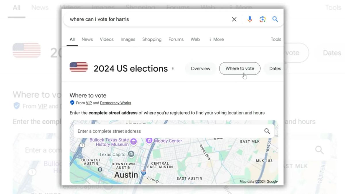 A Google result claims to show results for where you can vote for Vice President Kamala Jarris during the 2024 US elections.