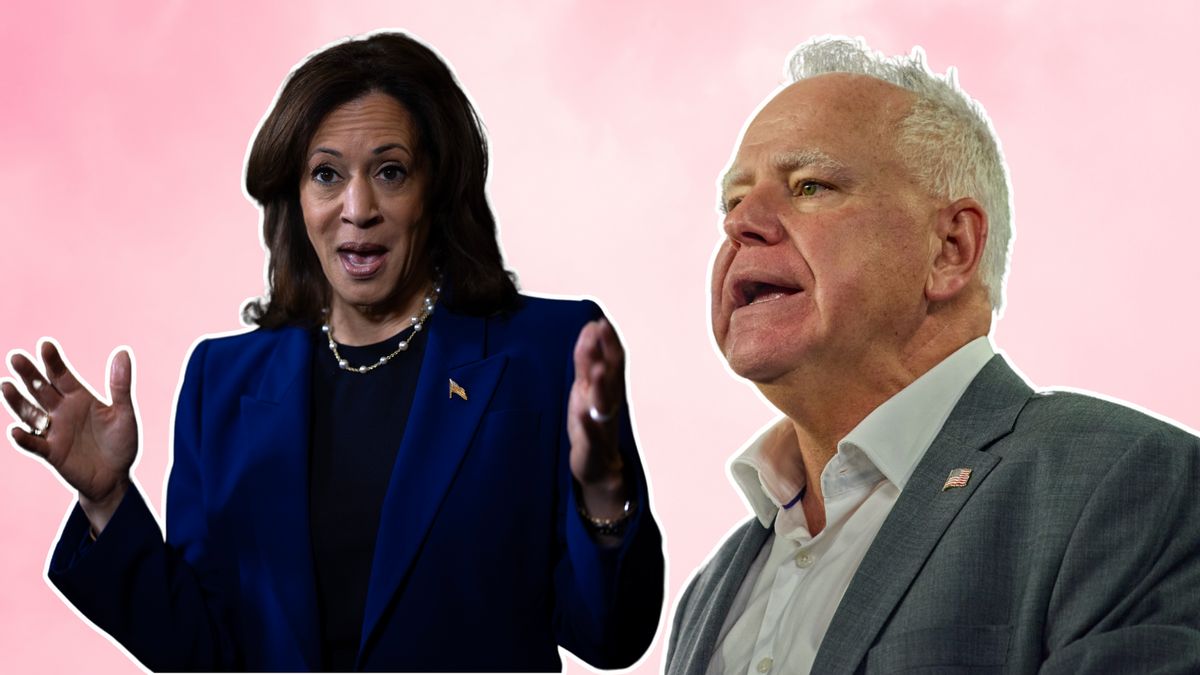 A Black South Asian woman wearing a blue suit and a white man wearing a gray suit are pictured next to each other on a light pink background.