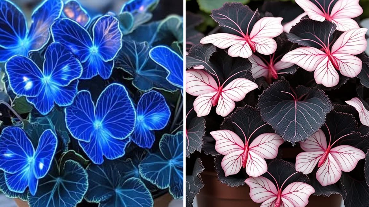 Two different flowers are show. On the left are blue flowers, while on the right are pink flowers that look like butterflies.