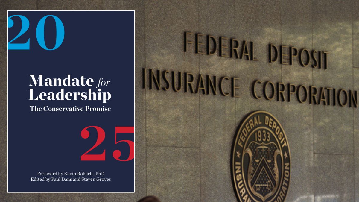 An image that represents Project 2025 is next to a building that says FEDERAL DEPOSIT INSURANCE CORPORATION.