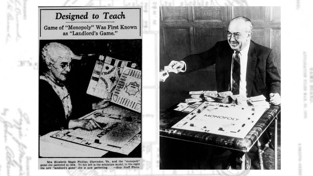 Two black and white images side by side, with a blurred background of a 1904 patent. The left black and white image is of a news clipping with an old lady showing a board game. The right black and white image is of a man playing an old version of Monopoly. 