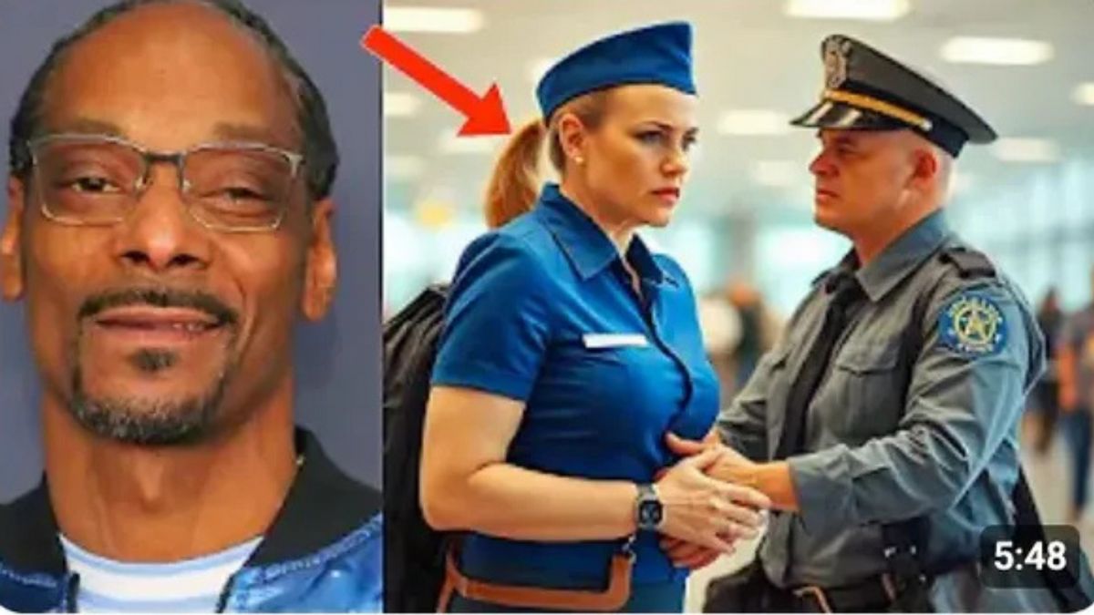 A Black man wearing glasses is pictured next to two white people. The white person on the left in that image appears to be a woman wearing a flight stewardess uniform that needs to be restrained by the person on the right, who appears to be a man wearing a law enforcement uniform. A red arrow points to the stewardess.