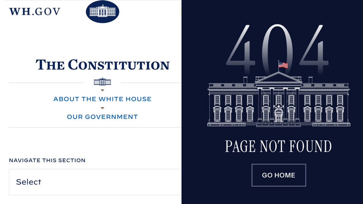 A webpage showing the U.S. government page for the Constitution is shown next to a webpage that says it wasn't found.