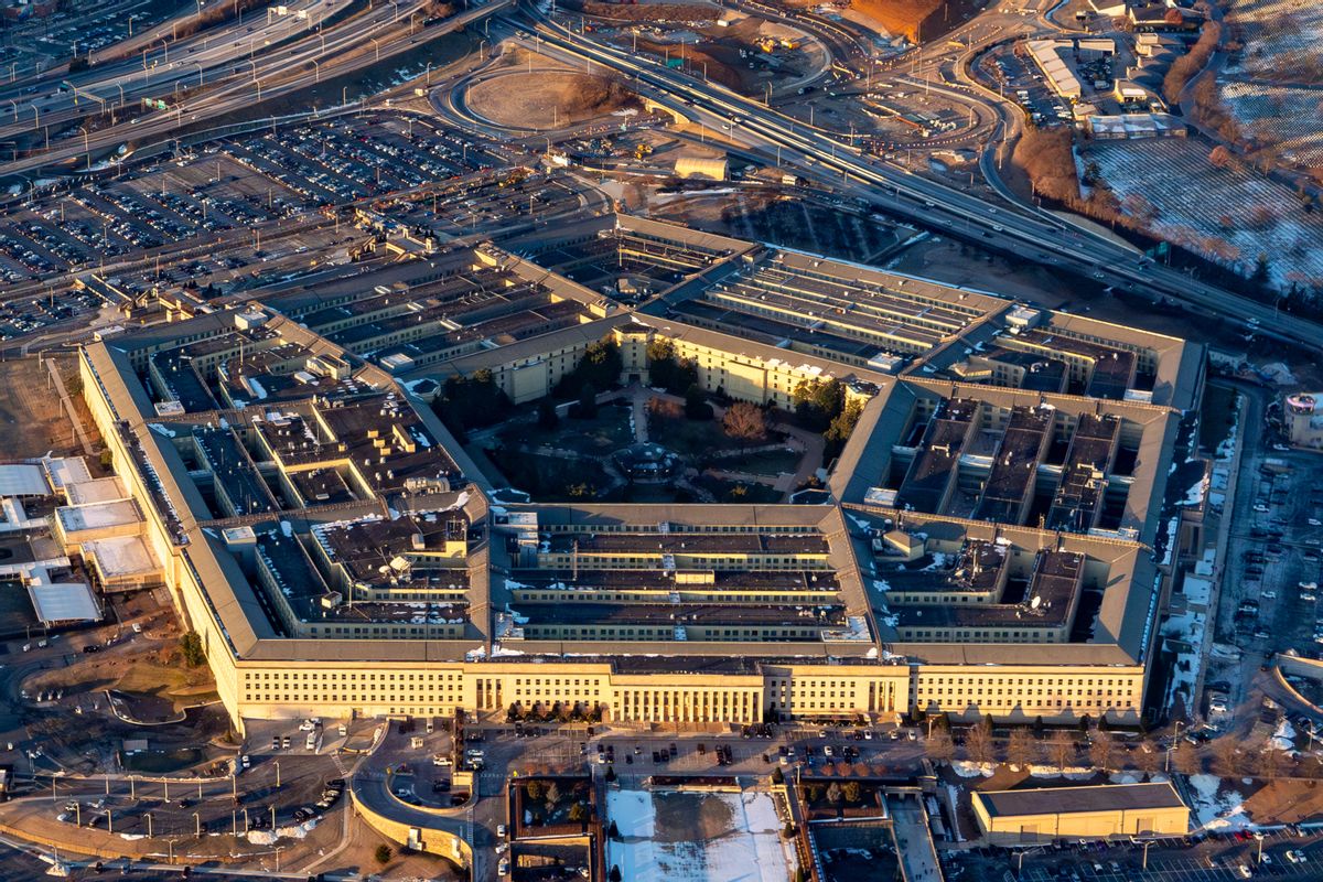 Aerial view of the Pentagon, a pentagon-shaped concrete building housing the Department of Defense. 