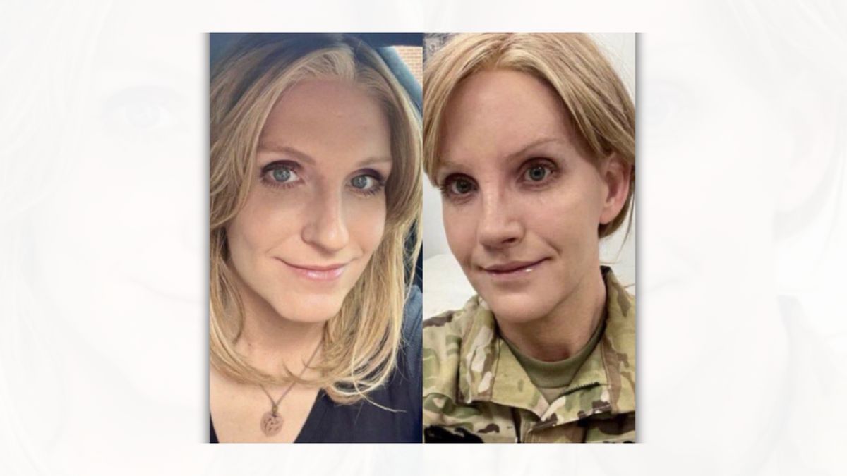 A white woman is pictured smiling. In the photo on the right, she is wearing a camouflage army uniform.