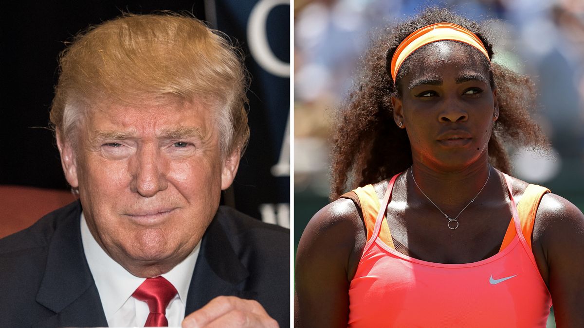 A white man wearing a black suit is pictured next to a Black woman wearing an orange headband and pink and orange sports top.