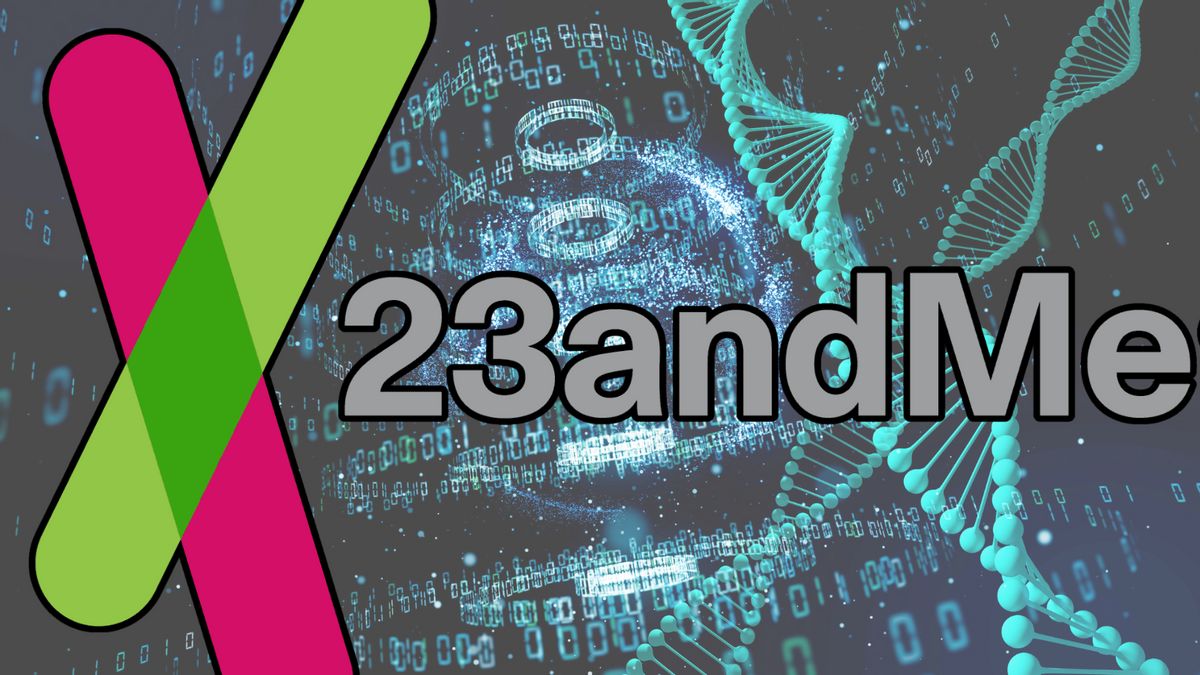  A pink and green X logo for a company called 23andMe is overlaid DNA strands and what looks to be digital code.