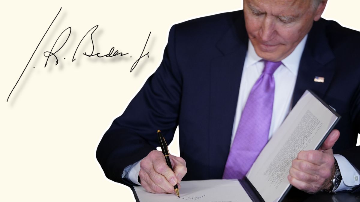 A cut-out image of former President Joe Biden, a white man with white hair in a suit, signing a bill with a cut-out image of his signature floating to the left of him. 