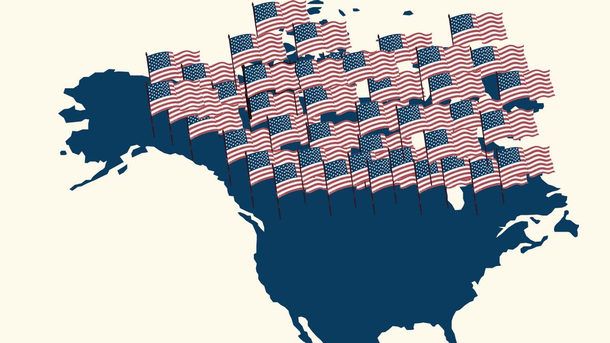 A map of Canada and America has many tiny American flags planted upon it.