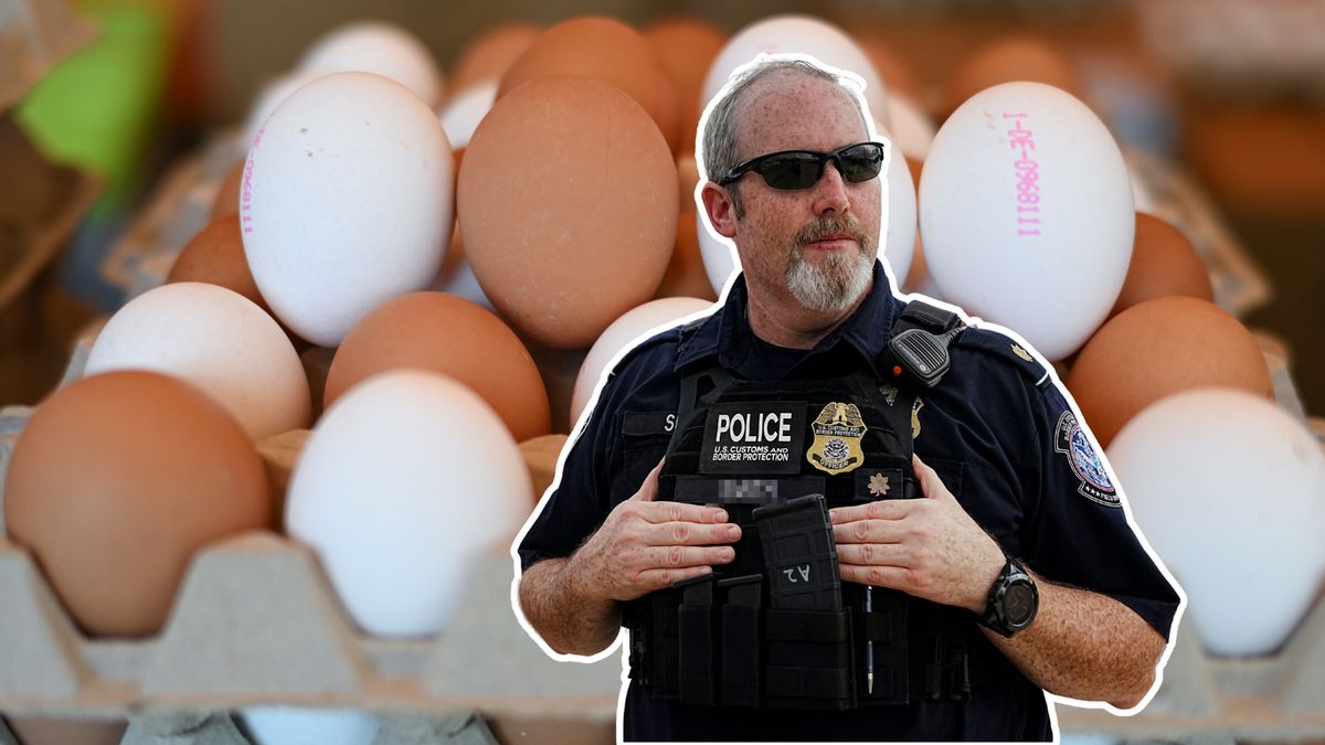 In this photo collage, a U.S. Customs and Border Patrol official with greying hair is wearing sunglasses and a labeled armored vest with his hands tucked in the vest. In the backdrop are cartons of eggs.