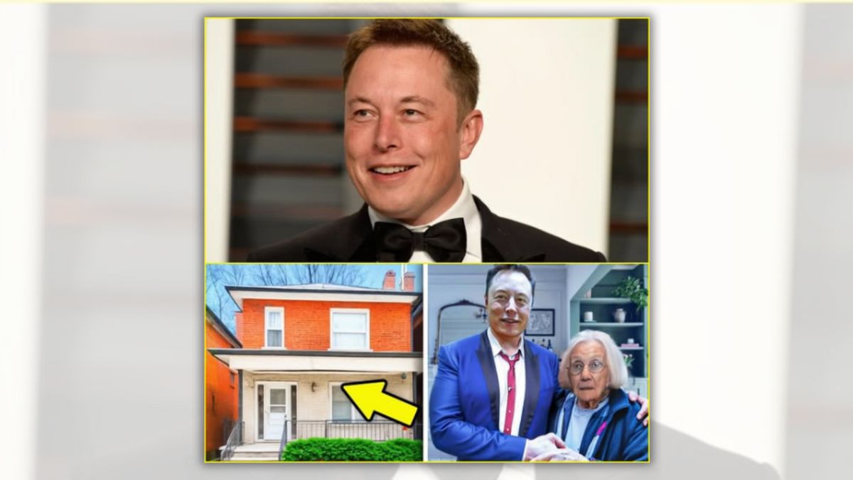 From clockwise, images show a white man wearing a black and white tuxedo, that same man wearing a blue suit taking a photo with an elderly white woman and a house with a yellow arrow edited onto the image pointing to it.