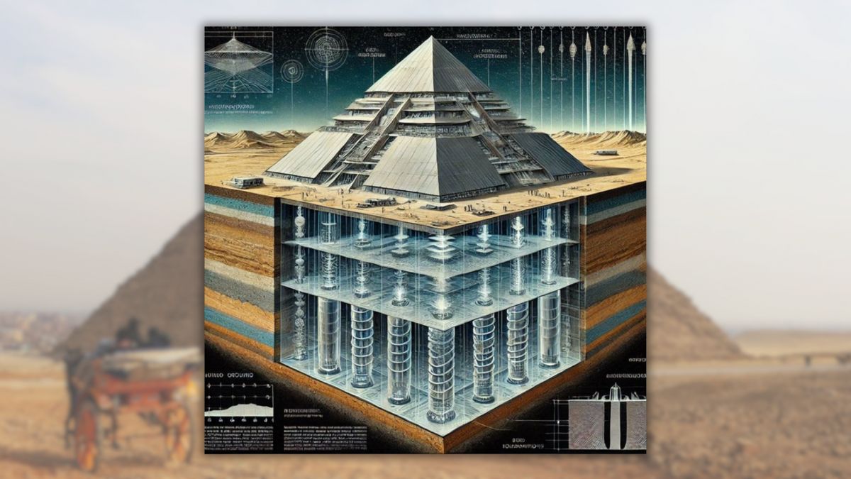 An image of structures underneath a pyramid are shown on a photo of a pyramid itself.