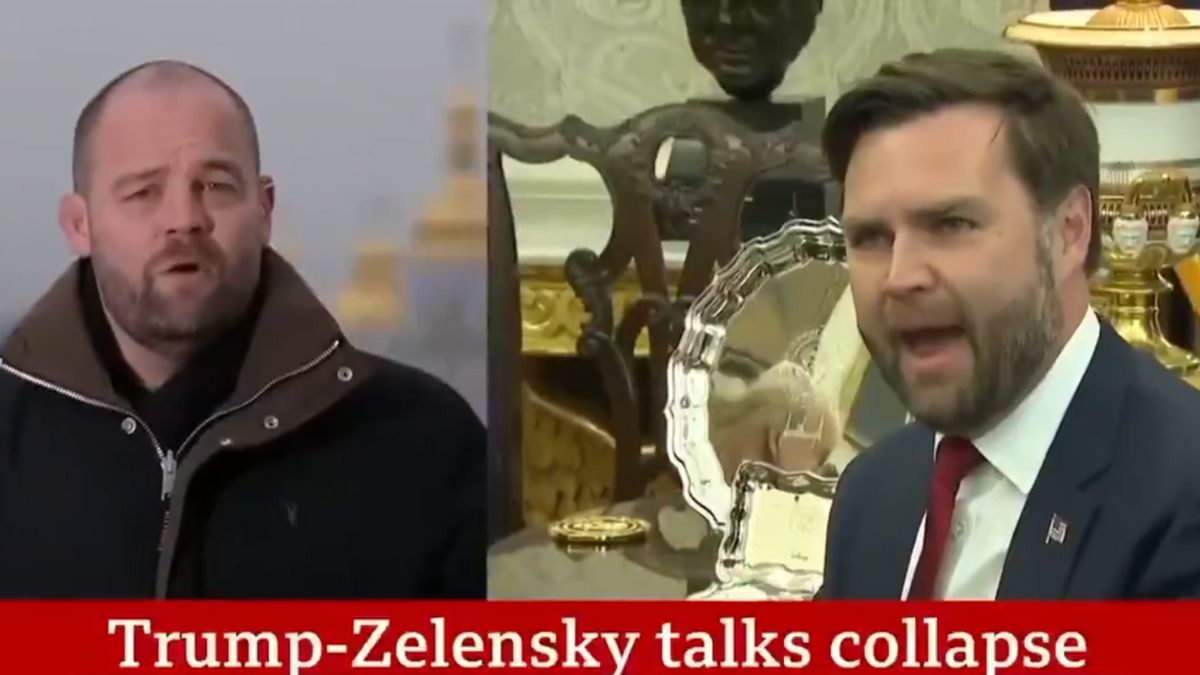 A white man stands next to a white man pictured speaking while sitting down. At the bottom, white text says, "Trump-Zelensky talks collapse."
