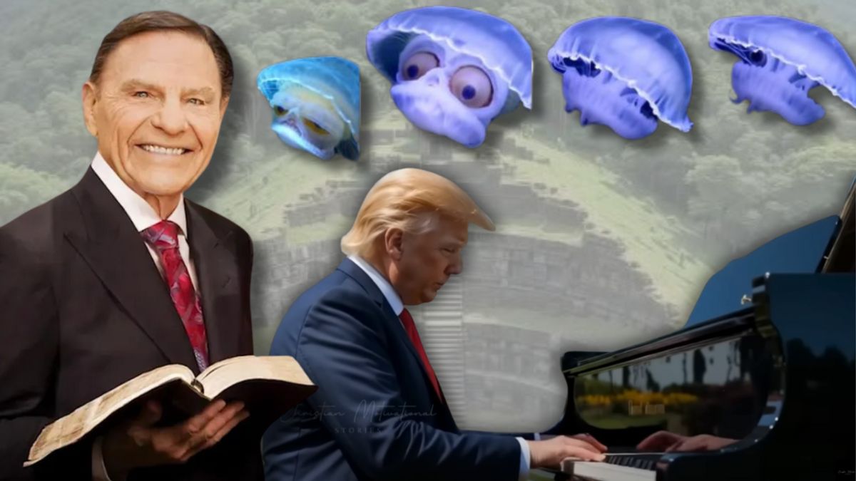 From the top right corner clockwise, jellyfish-like creatures with big eyes, a white man wearing a black suit playing a piano and another white man holding an open book and wearing a black suit is shown.