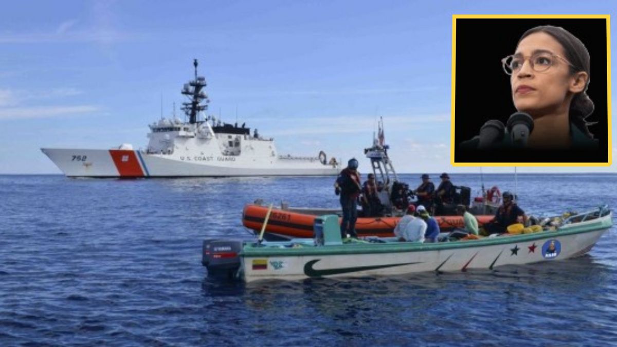A Latina is shown standing behind a microphone. The image is placed on a larger image showing two boats, one of which has many people sitting or standing on it. It is smaller than the other one.