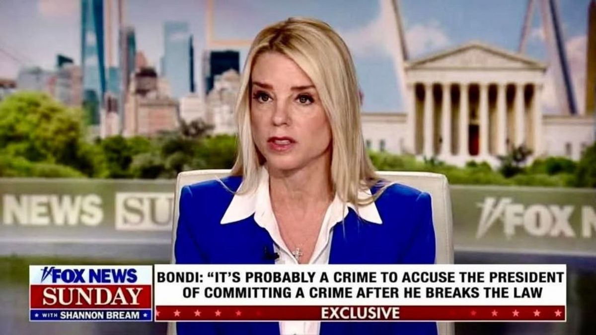 A white woman wearing a blue suit sits down. At the bottom of the screen is text that says, "BONDI: "IT'S PROBABLY A CRIME TO ACCUSE THE PRESIDENT OF COMMITTING A CRIME AFER HE BREAKS THE LAW."