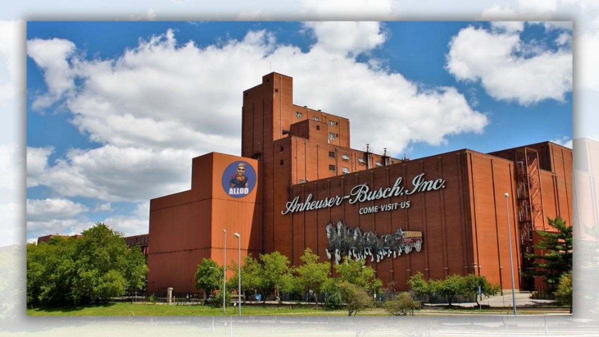 A factory says Anheuser-Busch, Inc. "Come visit us" is written below. A blue sign that says ALLOD has been edited onto the image.