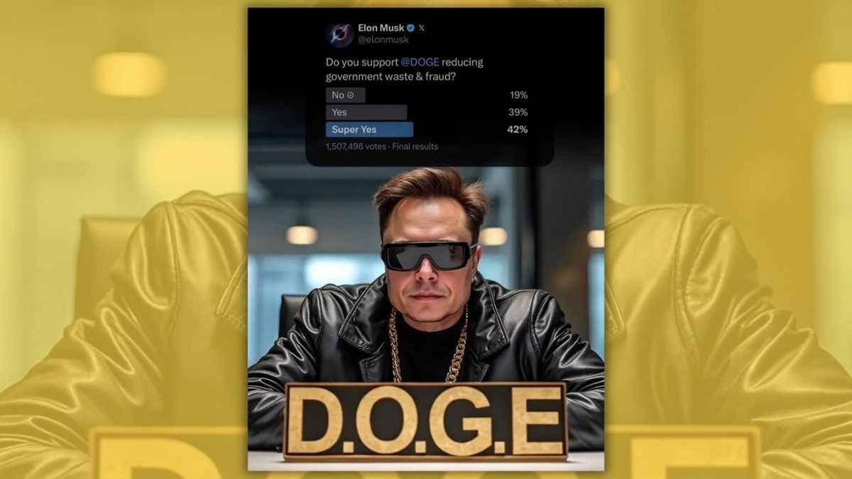 A poll claims that 81% of people that participated support DOGE reducing government waste and fraud. Below is an image of a white man wearing a gold chain and sunglasses in front of a sign that says D.O.G.E.