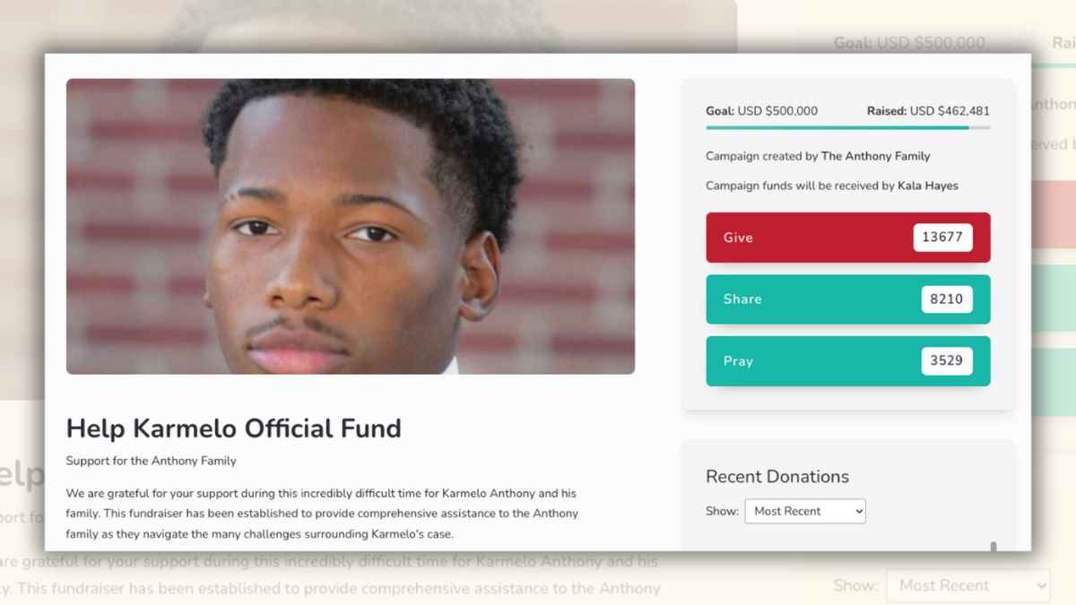 An online fundraiser titled "Help Karmelo Official Fund" with 462,481 dollars raised. A picture of a young black teen with short curly hair accompanies the fundraiser.