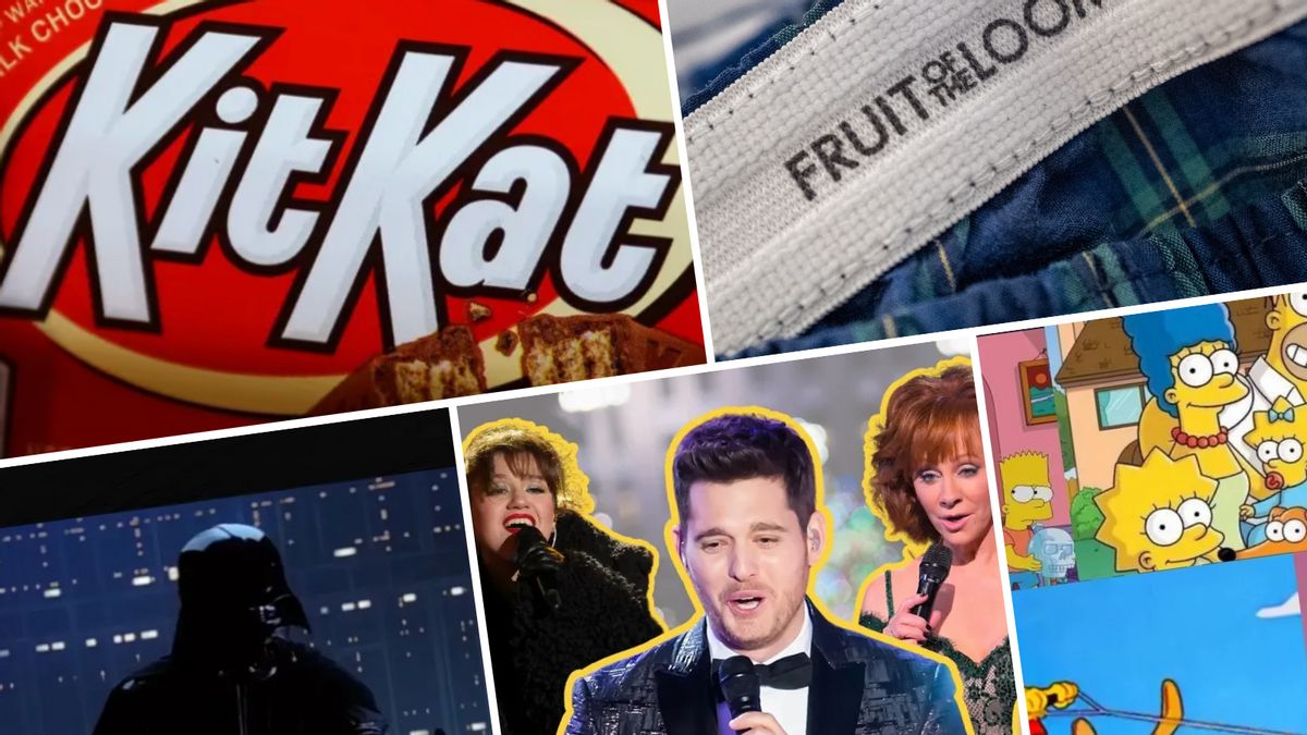 From top left clockwise, a KitKat logo, FRUIT OF THE LOOM logo on a pair of blue jeans, yellow cartoon characters, three white people and a person wearing a dark black cape and helmet are shown.