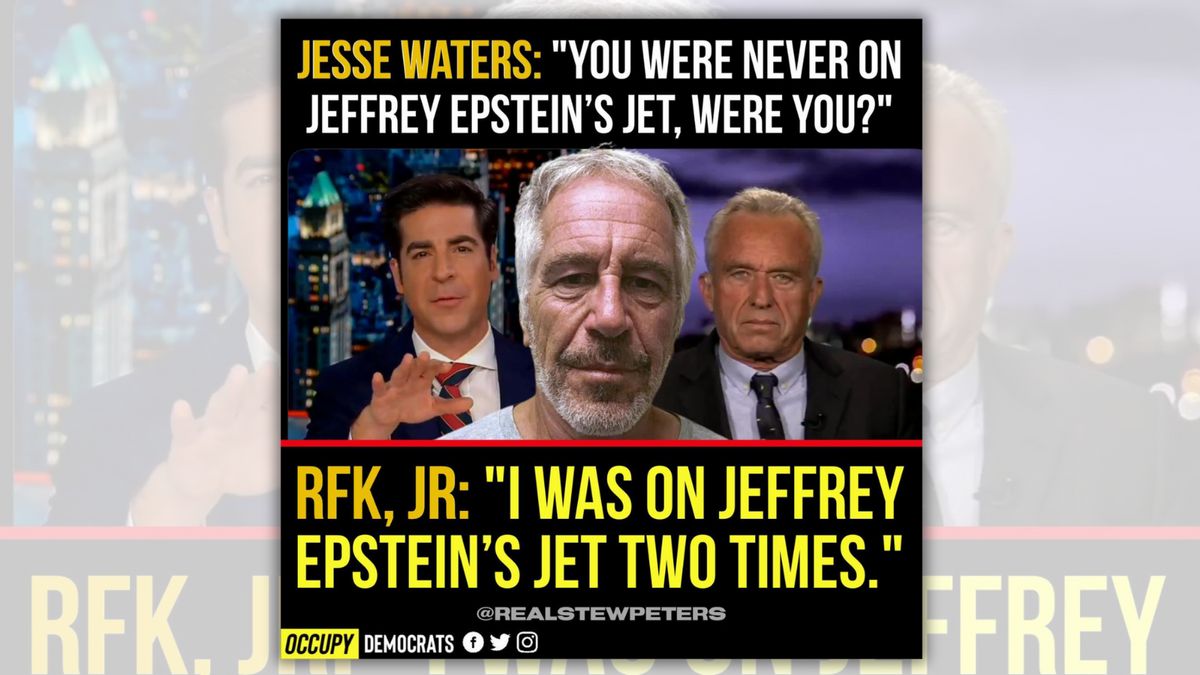 An image shows three white men. Above them, text says, "JESSE WATERS: "YOU WERE NEVER ON JEFFREY EPSTEIN'S JET, WERE YOU?" Below, text says, "RFK, JR.: "I WAS ON JEFFREY EPSTEIN'S JET TWO TIMES."