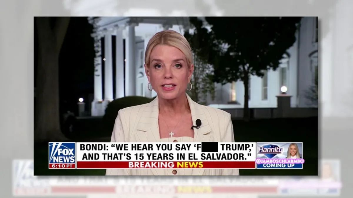 A white blonde looks towards the camera. Written on screen is "BONDI: WE HEAR YOU SAY 'F--- TRUMP,' AND THAT'S 15 YEARS IN EL SALVADOR."