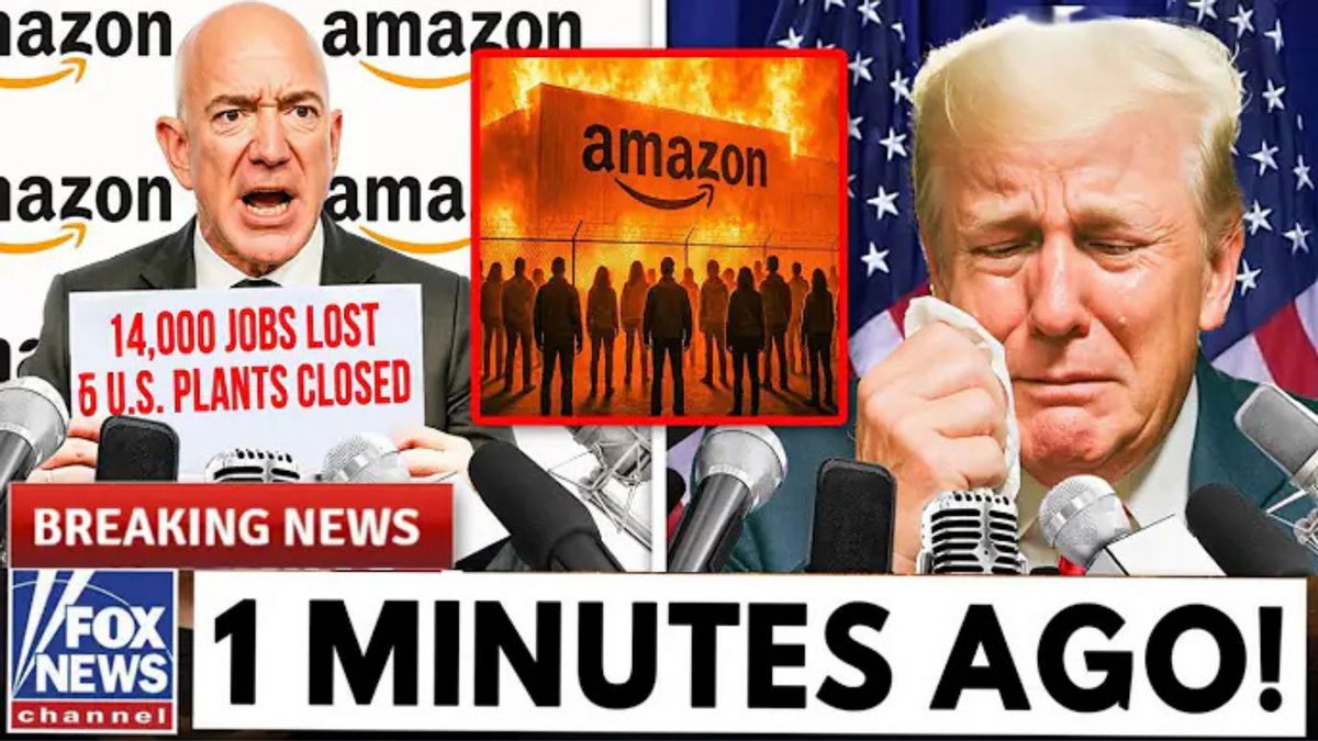 A white man holds a sign in red that says, "14,000 JOBS LOST 5 U.S. PLANTS CLOSED." A building next to him is shown on fire. On the very right side, a man holds a tissue too his face as he cries. At the bottom, it says, "1 MIMUTES AGO!"