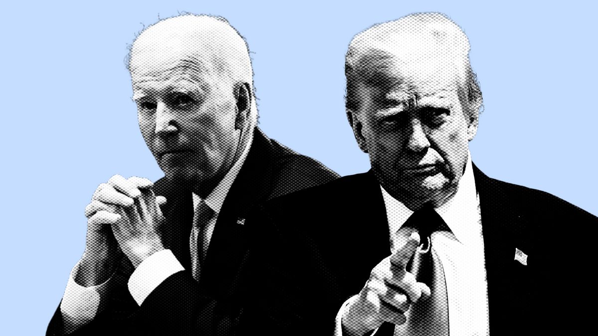 Two white men wearing dark suits are shown. A graphic is overlaid on the men to make them black and white, as well as composed of small checks.