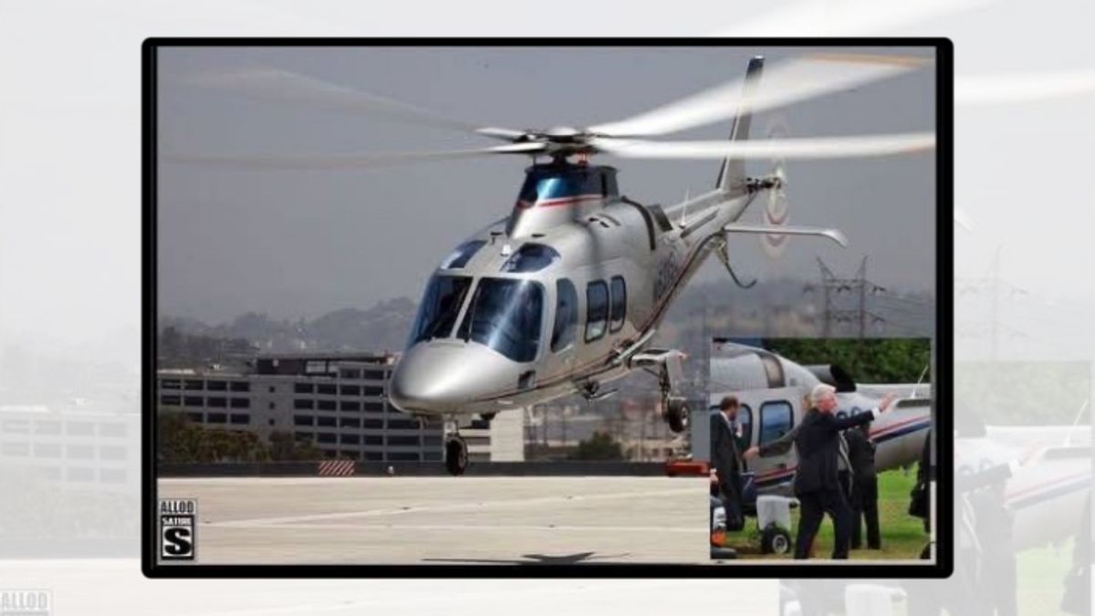 A helicopter is shown next to an insert of a white man standing next to what appears to be the same helicopter.