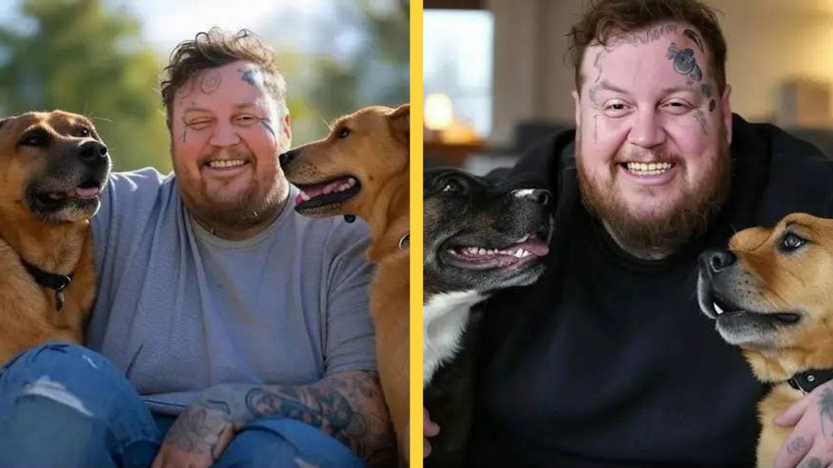 Two different images show a white man with two dogs on either side. On the left he is wearing a gray shirt and both dogs are white, while in the right photo he is wearing a black shirt and the dog on the left is black, not brown. The images are separated by a yellow line.
