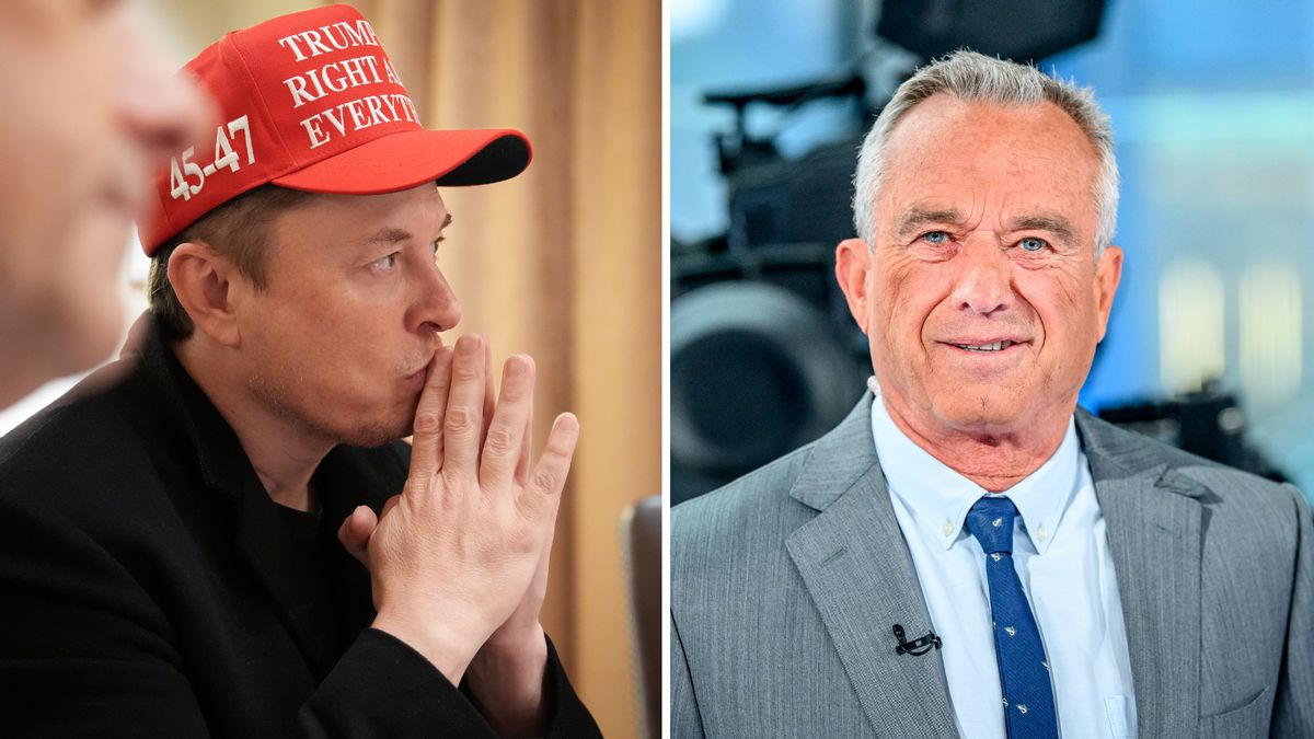 On the left, a white man, Elon Musk, wearing a red baseball cap that says "TRUMP WAS RIGHT ABOUT EVERYTHING" holds his clasped hands up to his mouth. On the right, Robert F. Kennedy Jr., a white man, smiles at the camera.