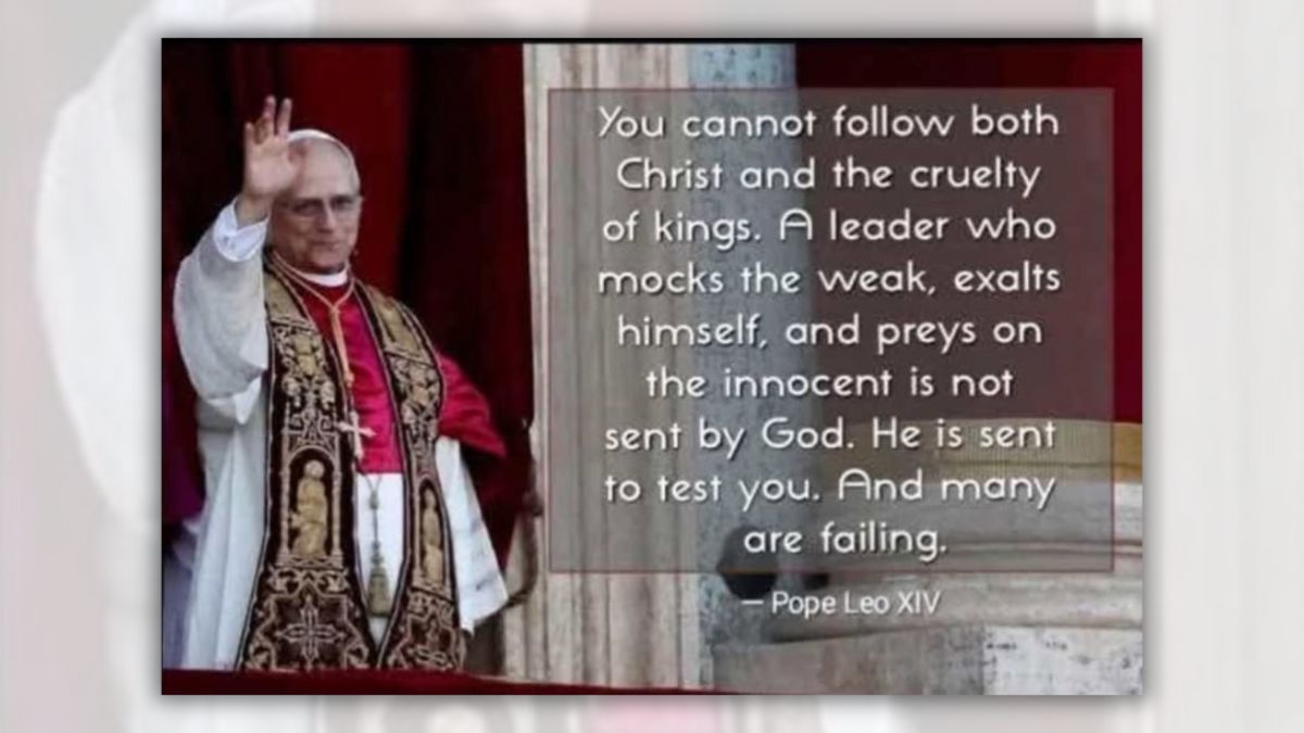A white man waves. Next to him, white text says, "You cannot follow both Christ and the cruelty of kings. A leader who mocks the weak, exalts himself, and preys on the innocent is not sent by God. He is sent to test you. And many are failing."