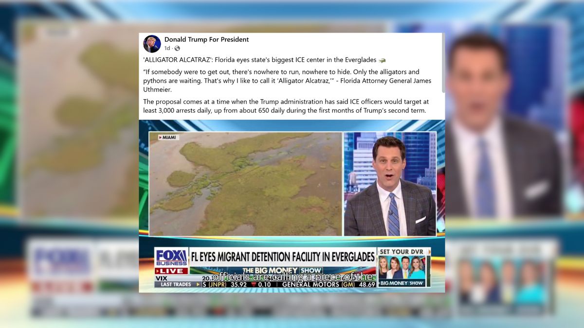 Screenshot of a Facebook post from "Donald Trump For President" with a Fox Business news segment. The post discusses a proposed large ICE detention facility in the Florida Everglades, nicknamed "Alligator Alcatraz" by Florida Attorney General James Uthmeier. The quote emphasizes the swamp's isolation and danger due to wildlife like alligators and pythons. Below the post is a split-screen from the Fox Business show "The Big Money Show," showing a news anchor on the right and an aerial view of the Everglades on the left. Onscreen text reads: “FL EYES MIGRANT DETENTION FACILITY IN EVERGLADES.”