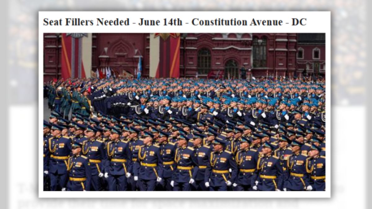 A Craigslist ad appears to say, "Seat Fillers Needed - June 14th -Constitution Avenue - DC." A photo is attached of soldiers saluting.