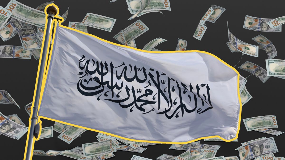 A white flag with Arabic Shahada lettering on a backdrop of green U.S. dollars. 