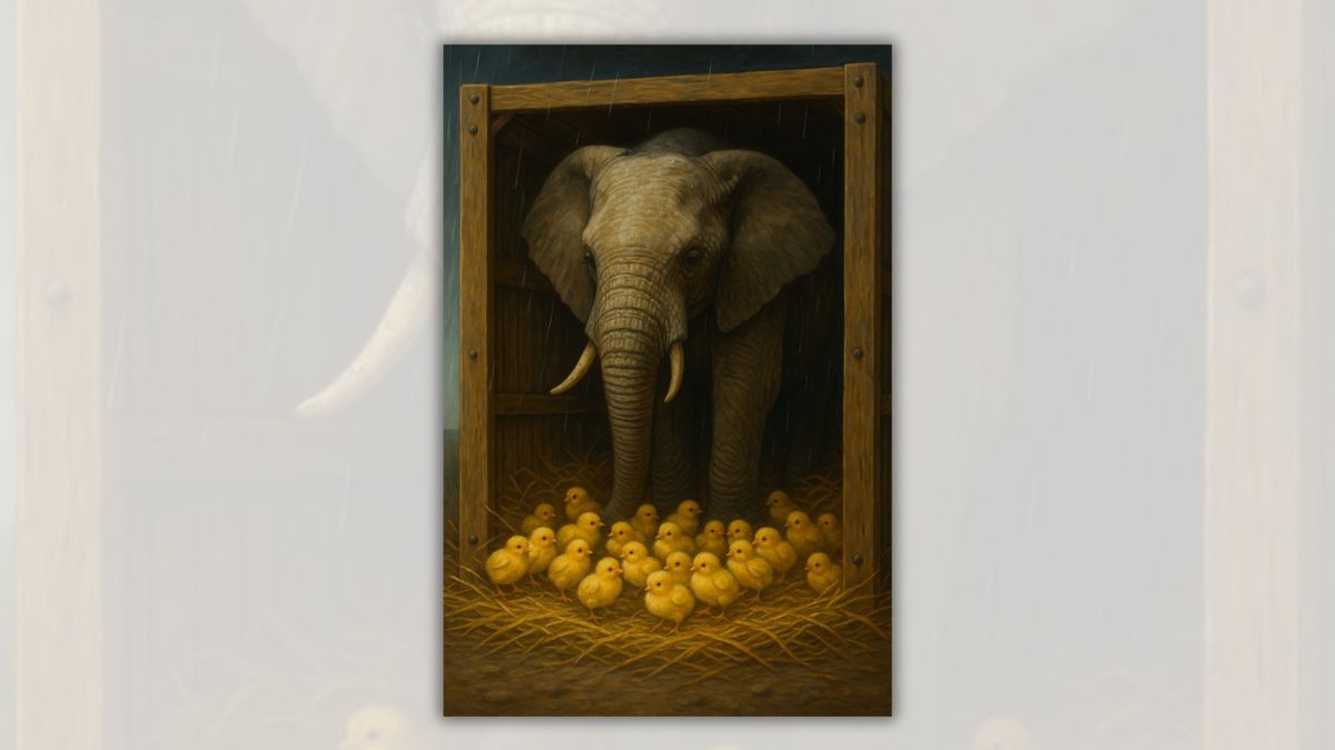 An image claims to show an elephant with chicks surrounding it in a crate. Straw is on the floor.