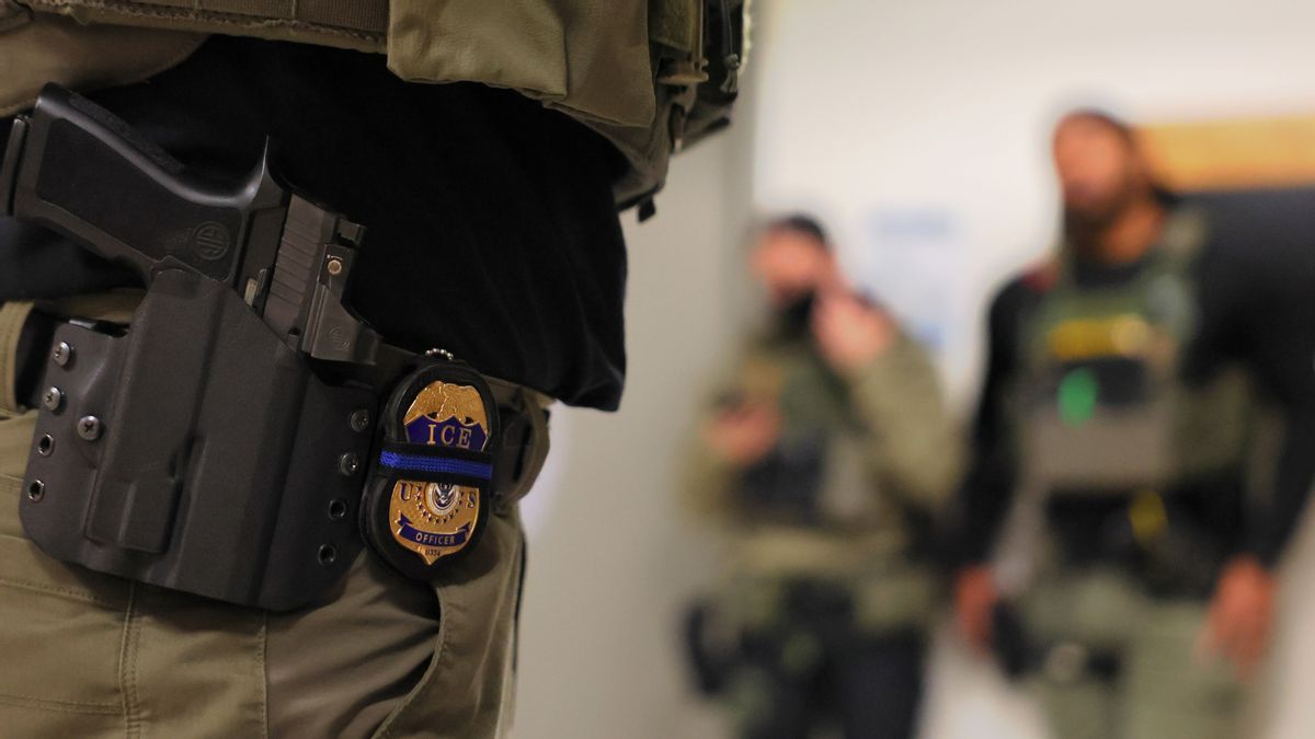 An ICE officers badge is seen as federal agents patrol the halls of immigration court at the Jacob K. Javitz Federal Building on June 10, 2025 in New York City.