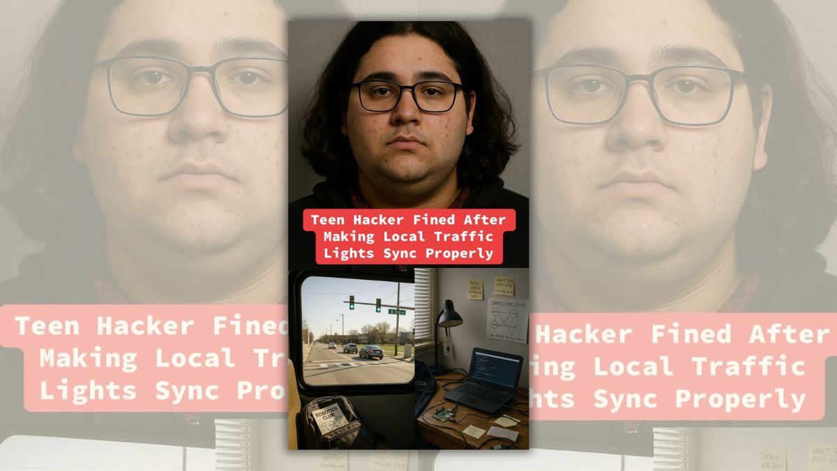 A collage of a mugshot of a teenager with a five-o-clock shadow wearing glasses, a street intersection and a desk with a laptop on it. The collage says "Teen Hacker Fined After Making Local Traffic Lights Sync Properly" in the center. 