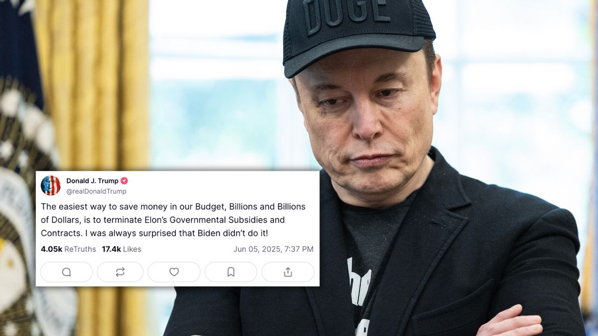 A white man wearing all black is pictured next to a Truth Social post attributed to Donald Trump. It says, "The easiest way to save money in our Budget, Billions and Billions of Dollars, is to terminate Elon's Governmental Subsidies and Contracts. I was always surprised that Biden didn't do it!"