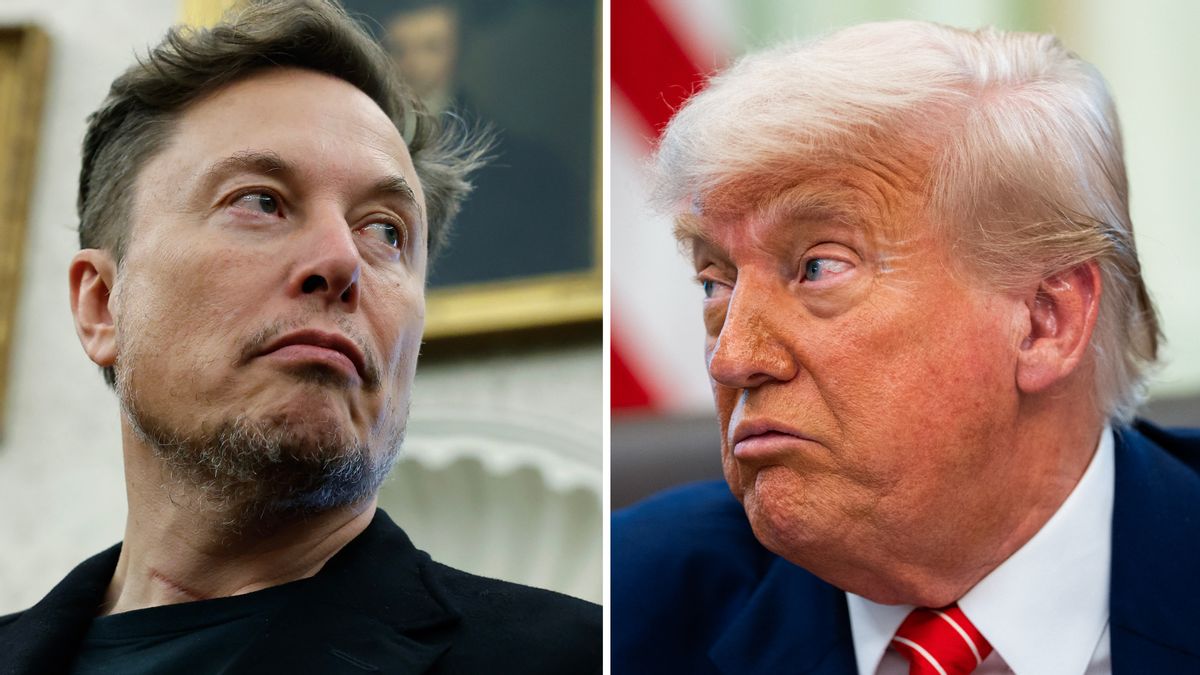 On the left: A white man, Elon Musk, with short dark hair, looks to the right. On the right: A white man with a dark tan and white hair, Donald Trump, looks to the left. 
