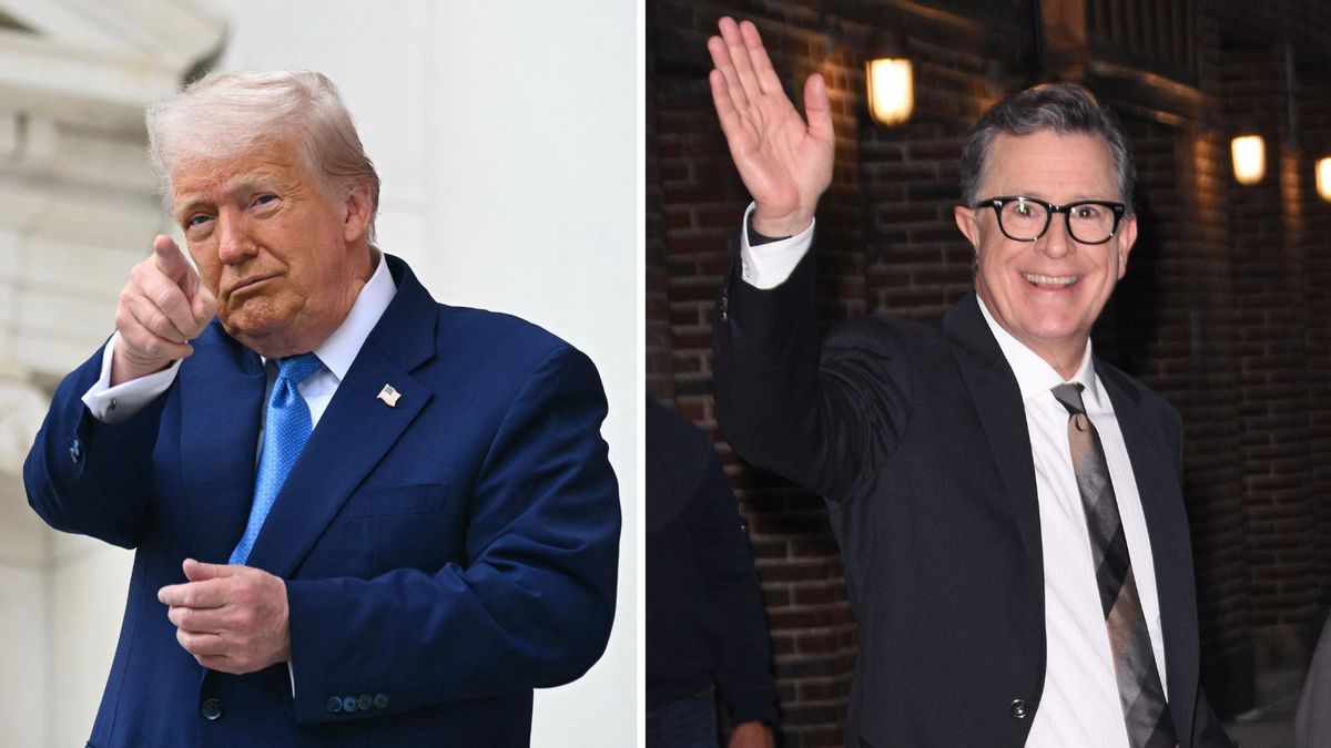 On the left: U.S. President Donald Trump, a white man with blonde-white hair wearing a suit, points at the camera. On the right: Stephen Colbert, a white man with short dark hair wearing glasses, waves at the camera.