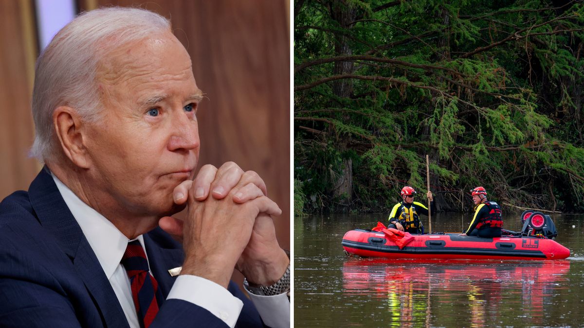 On the left: Former President Joe Biden, a white man in a suit, holding his clasped hands in a fist up to his face. On the right: search and rescuers sit in a raft in a river in Texas. 