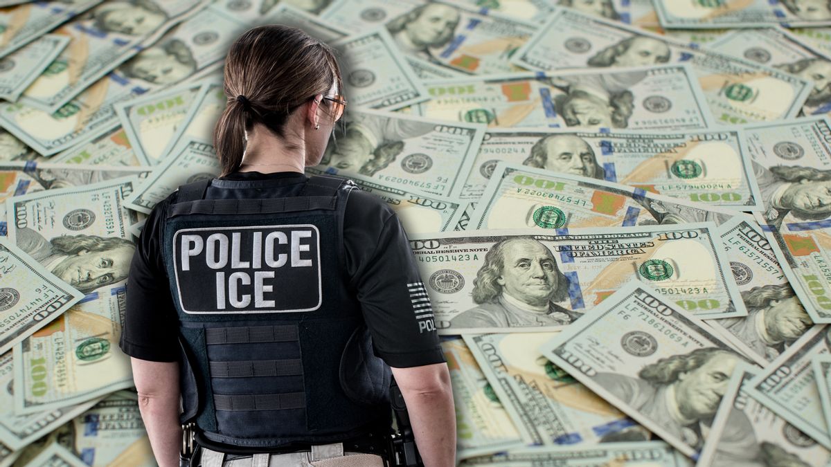 A collage of the back of a uniformed ICE officer up against a backdrop of $100 US bills 