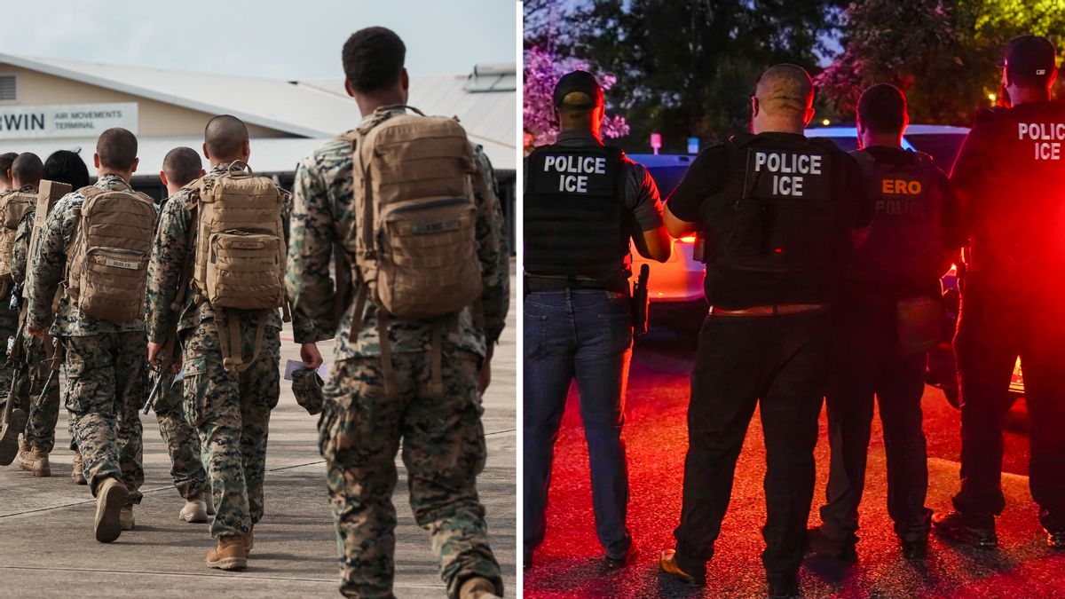 On the left: U.S. Marine troops walk in a single-file line, away from the camera. On the right: U.S. Immigration and Customs Enforcement officers stand in a line, with their back toward the camera.