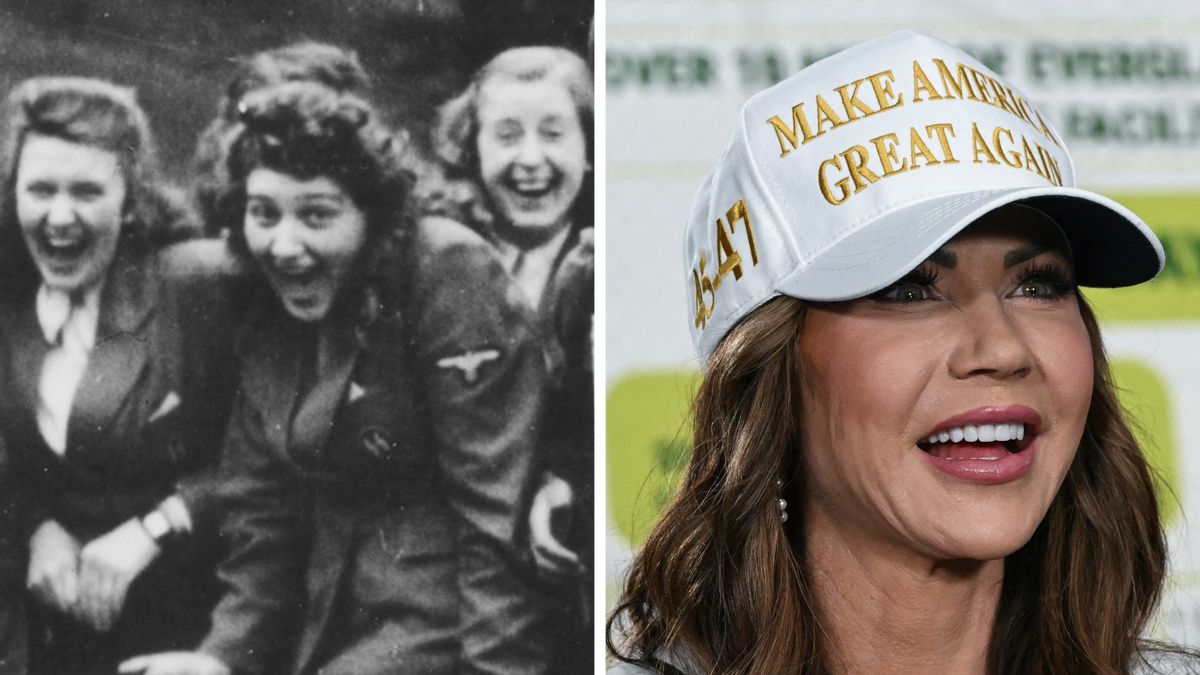 A black and white photo shows a group of people, with one prominent in the center. To the right, a color photo shows a white woman wearing a MAKE AMERICA GREAT AGAIN hat.