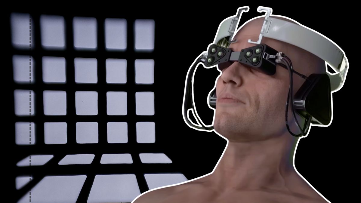 Cell bars are pictured next to a person wearing a headset on their forehead.