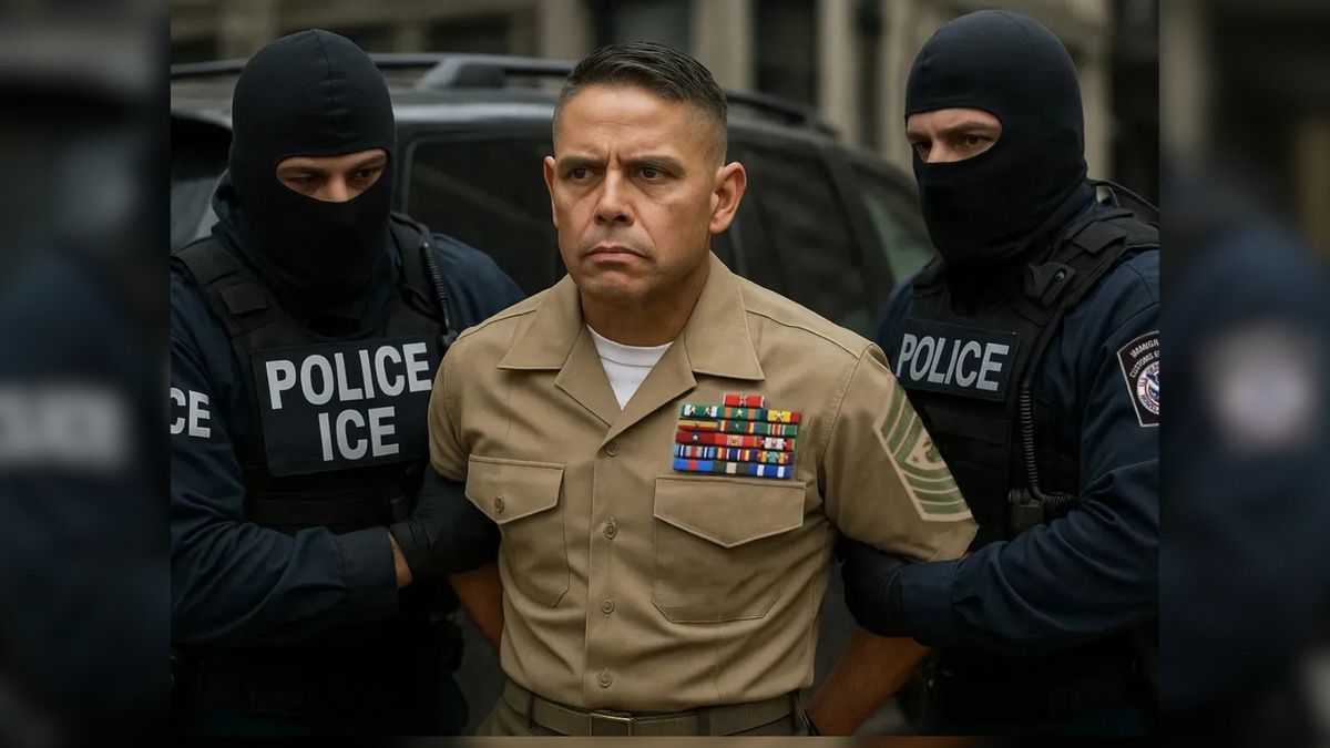 Two masked ICE agents in tactical gear are escorting a stern-faced man in a tan military uniform with multiple ribbons and a sergeant rank insignia on his sleeve. The man is handcuffed.