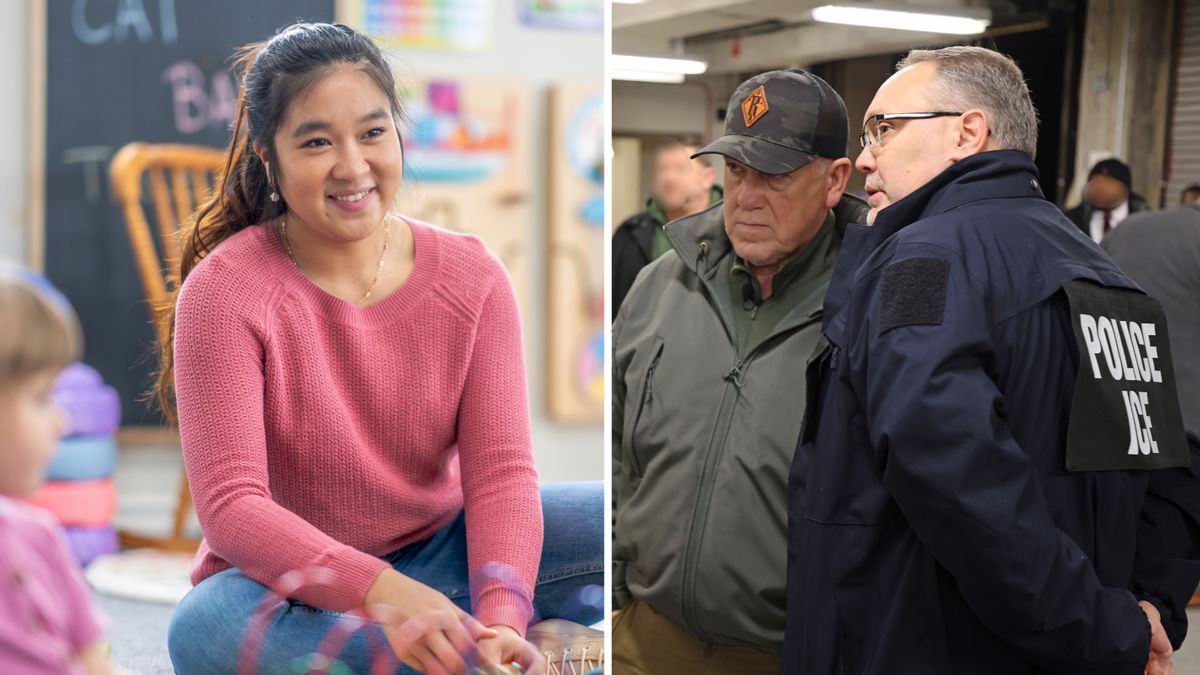 On the left: a young teacher with dark hair in a ponytail and a pink sweater sits crosslegged in a classroom, smiling. On the right: border czar Tom Homan, a white man in a baseball cap, confers with an ICE agent