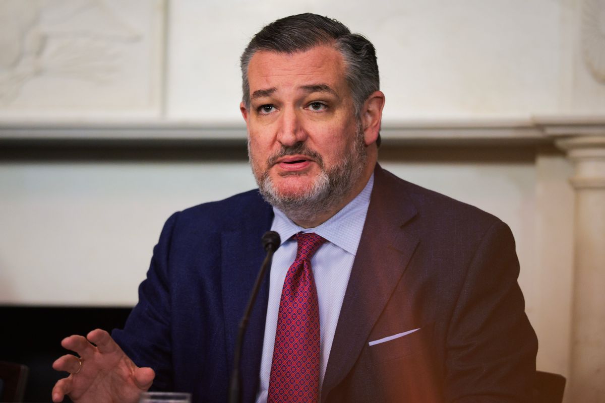 Sen. Ted Cruz, a Texas Republican, sitting at a table in front of a skinny microphone. He is a white man with salt and pepper hair and a beard wearing a suit. 